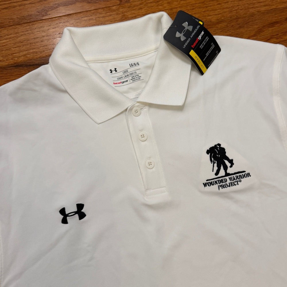 Under Armour Wounded Warrior Project Golf Polo Shirt Mens Large White Stretch